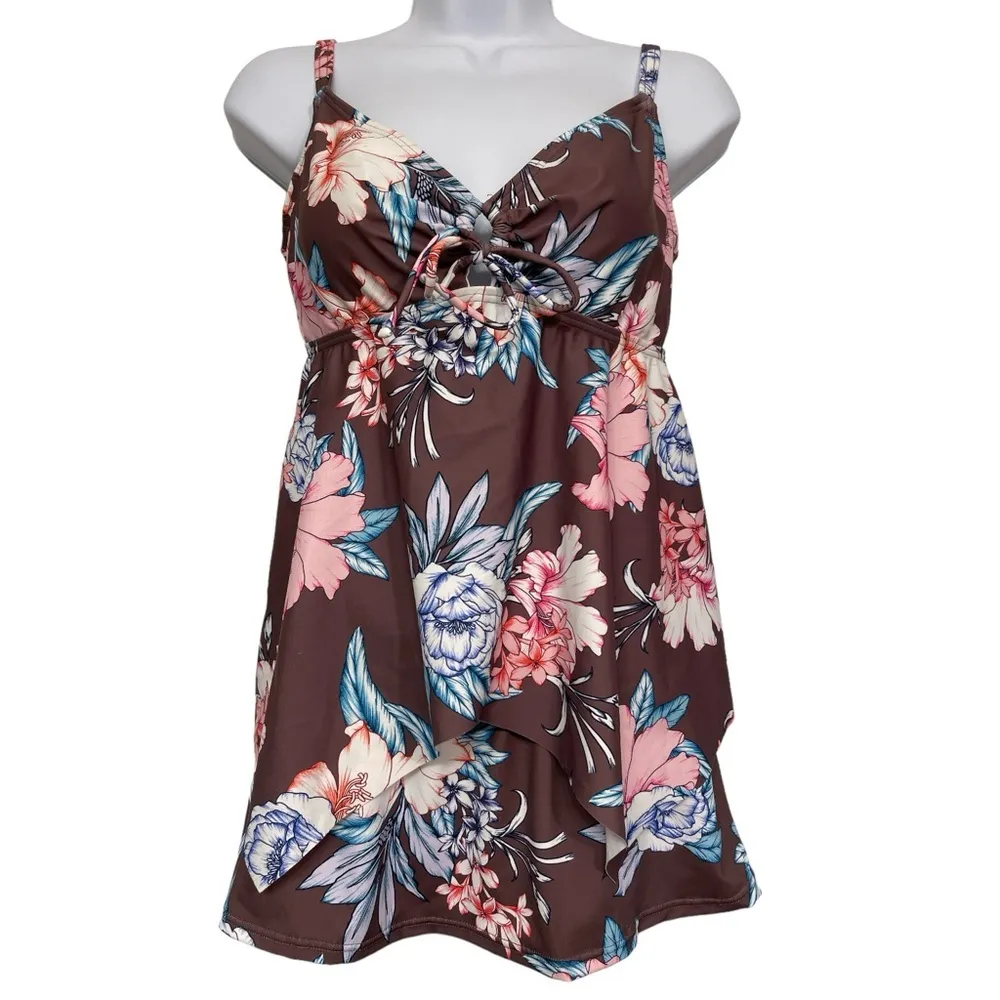 VENUS Brown Floral Flyaway Tankini Skort Bikini Bottom Size 6 EUC #5068 - Image 2