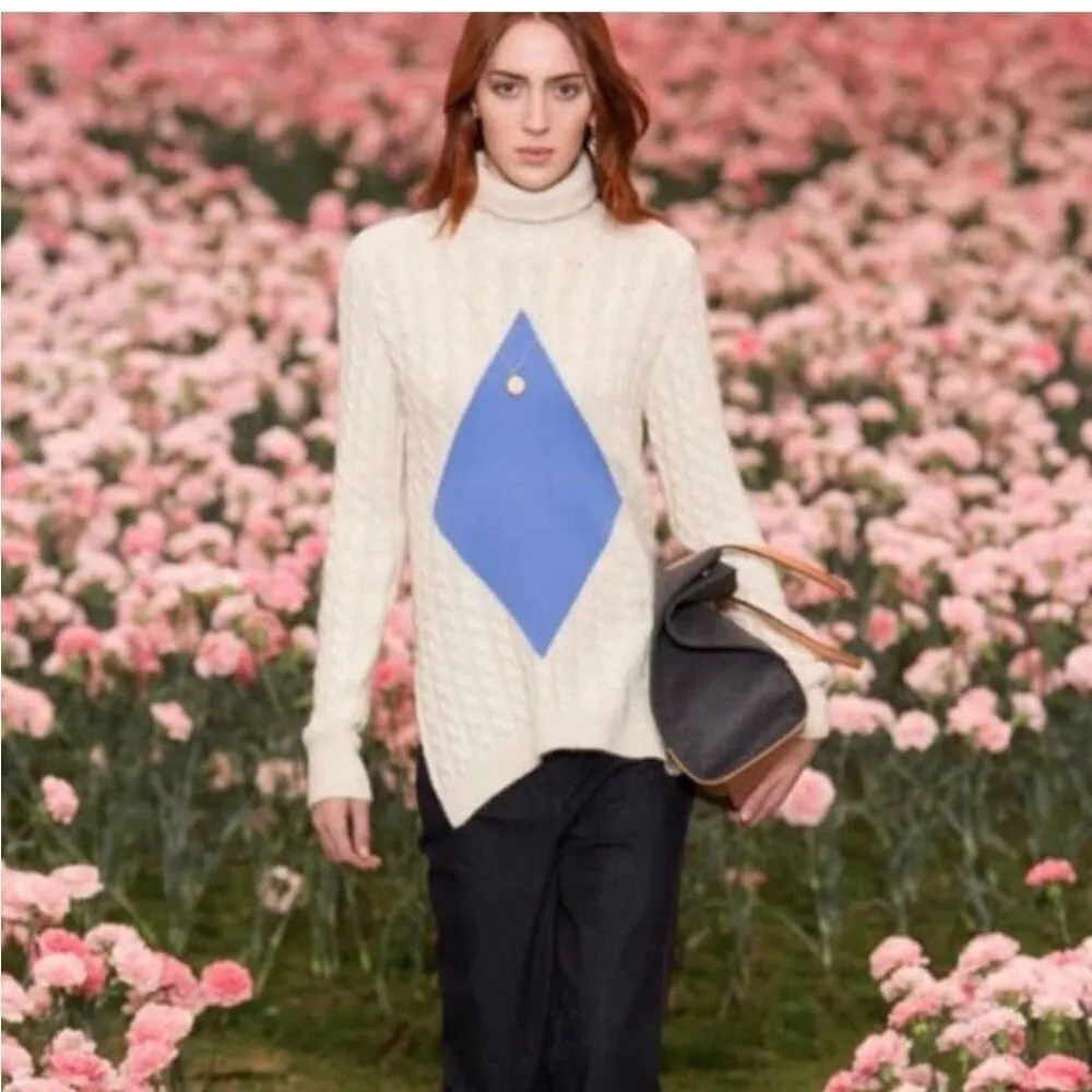 Tory Burch Sweater Nel Cable Knit Diamond Turtleneck Alpaca Wool in Cream Blue - Image 8