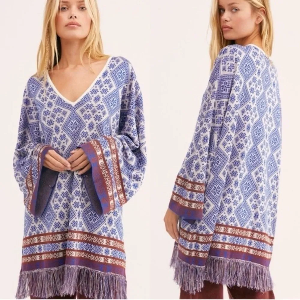 Free People Retro 70s Bohemian Poncho Sweater Tunic Top Fringe Small Oversized - Image 13