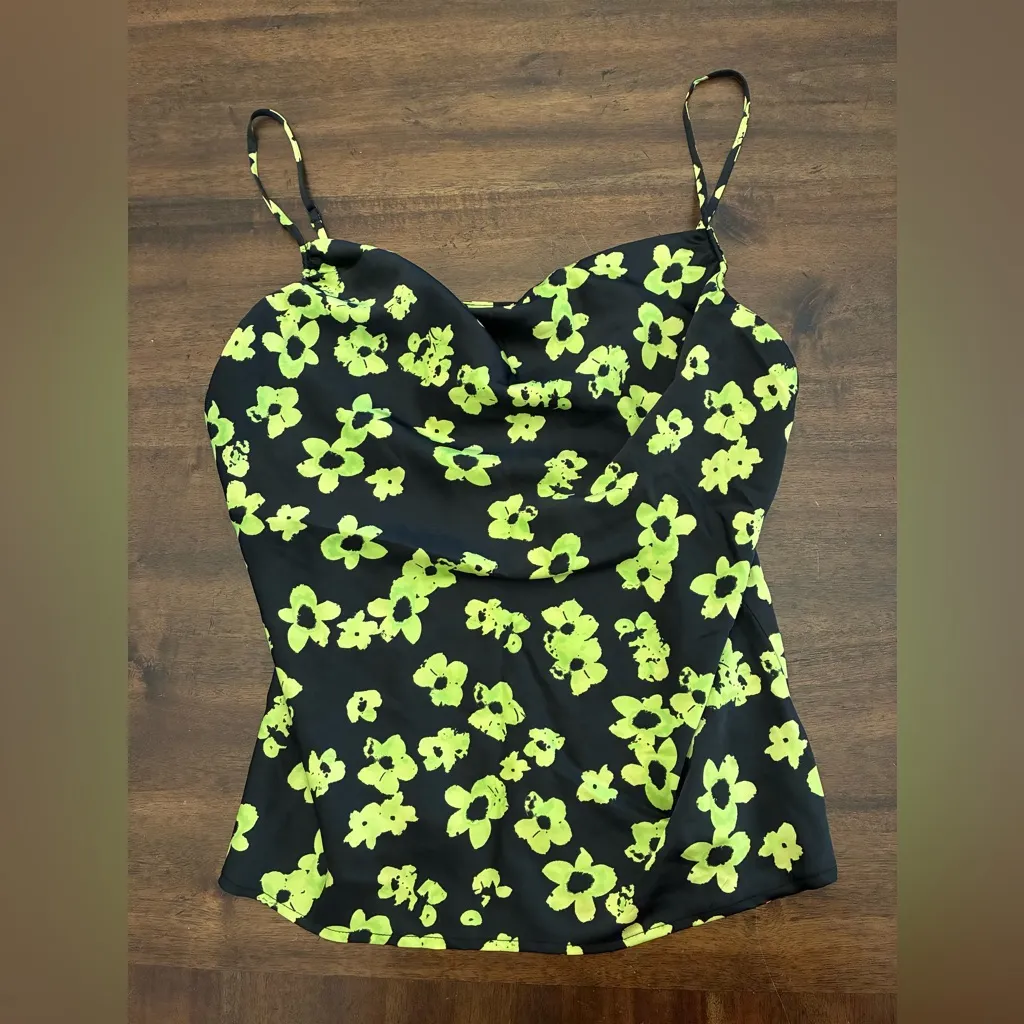 WAYF Tank Top Women’s Medium Floral Flowers Black Green Satin - Image 1