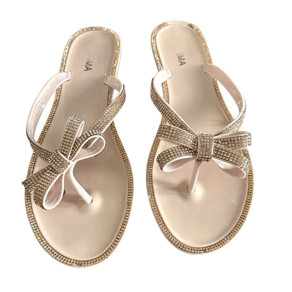 IMA Prima Lightweight Nude Rose Gold Rhinestone Bow Thong Sandals Tan Size 10 - Image 2