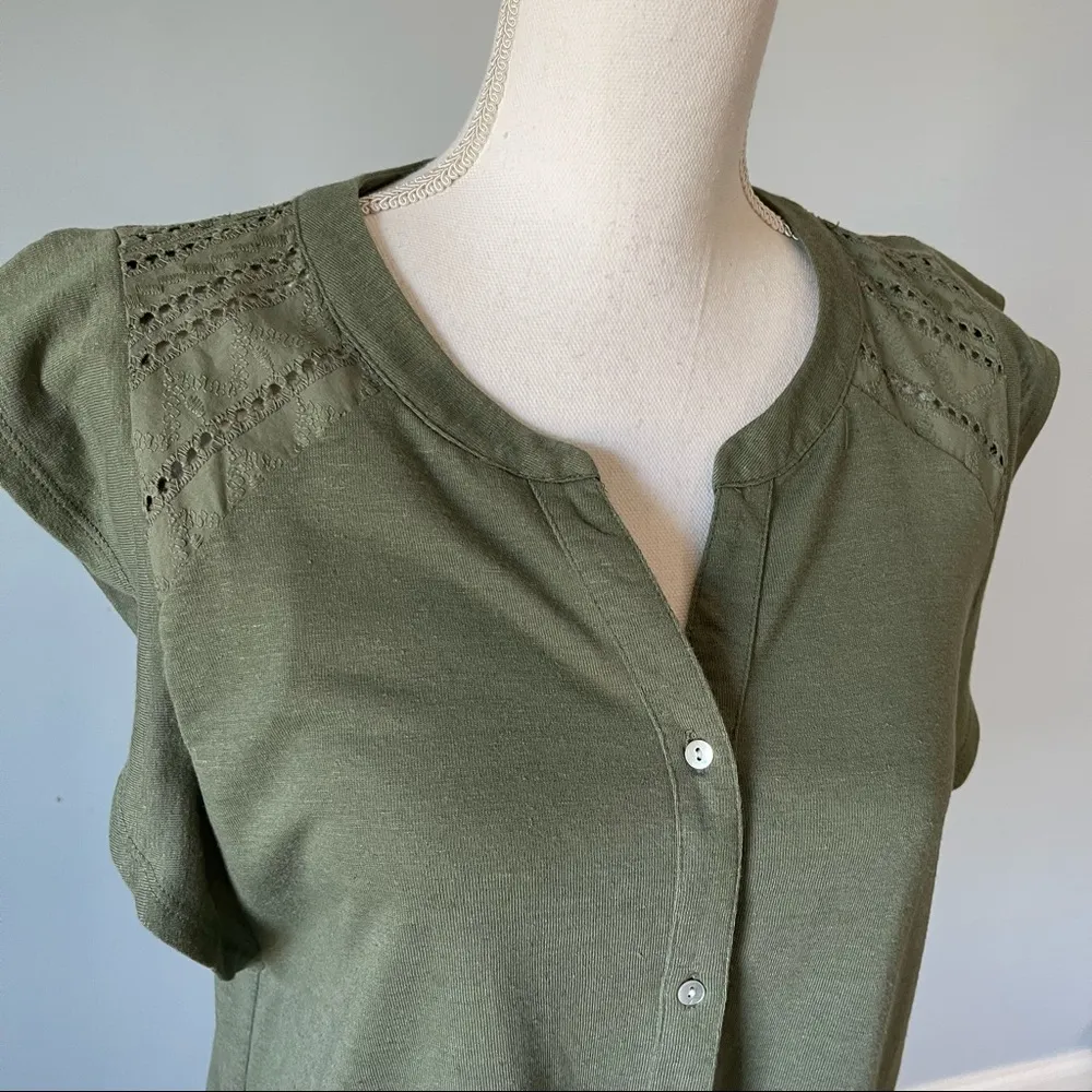 NANETTE LEPORE | Olive Green Button Down Flutter Sleeve Blouse Sz S - Image 7