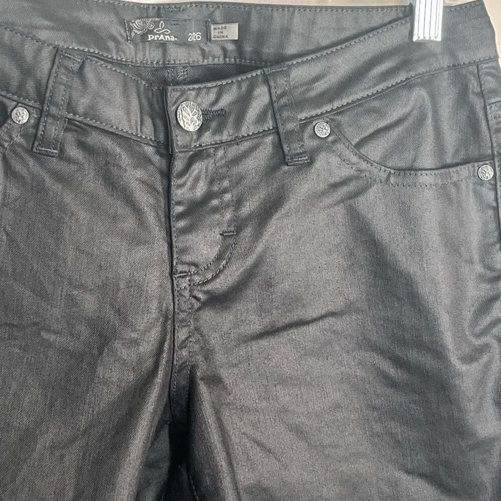 Prana Sz 2 / 26 Black Wax Coated Skinny Jeans Mid  Rise - Image 6