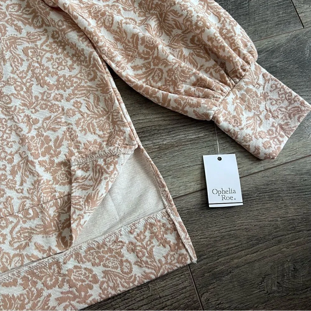 Ophelia Roe NWT Tan Peach Floral Jacquard Puff Sleeve Long Sleeve Blouse Top L - Image 10