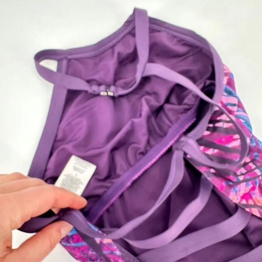 Carmen Marc Valvo Women's Tropical Palm Halter Open Back Swimsuit Purple Size 4 - Image 9