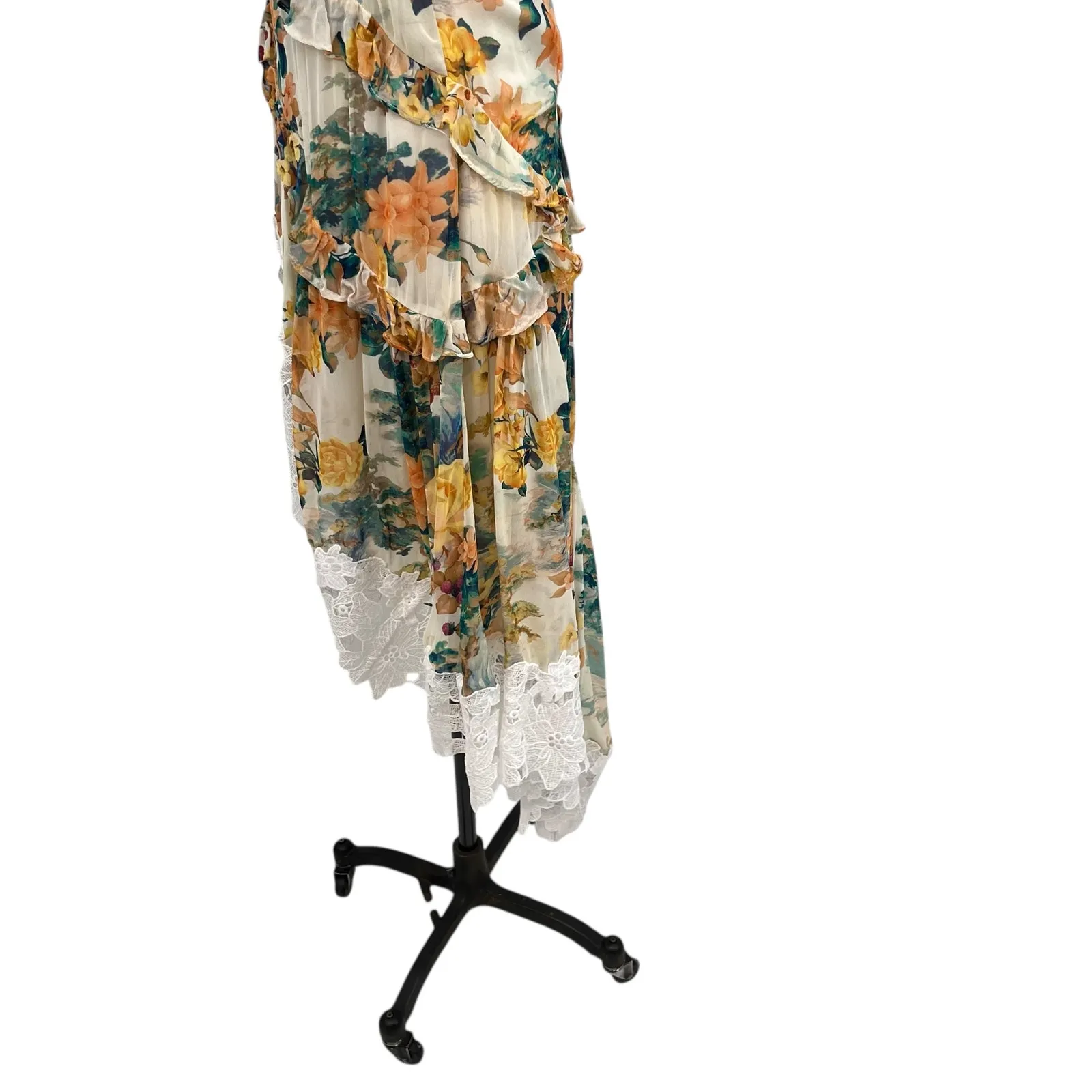 Anthropologie V-Neck‎ Ruffle Lace Slip Dress Floral White Multicolor Size US 4 - Image 10