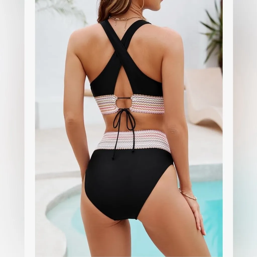 NEW High Waisted Bikini Set Tummy Control Swimsuit 2 Pc Bathing Suit M Black Size M - Image 2
