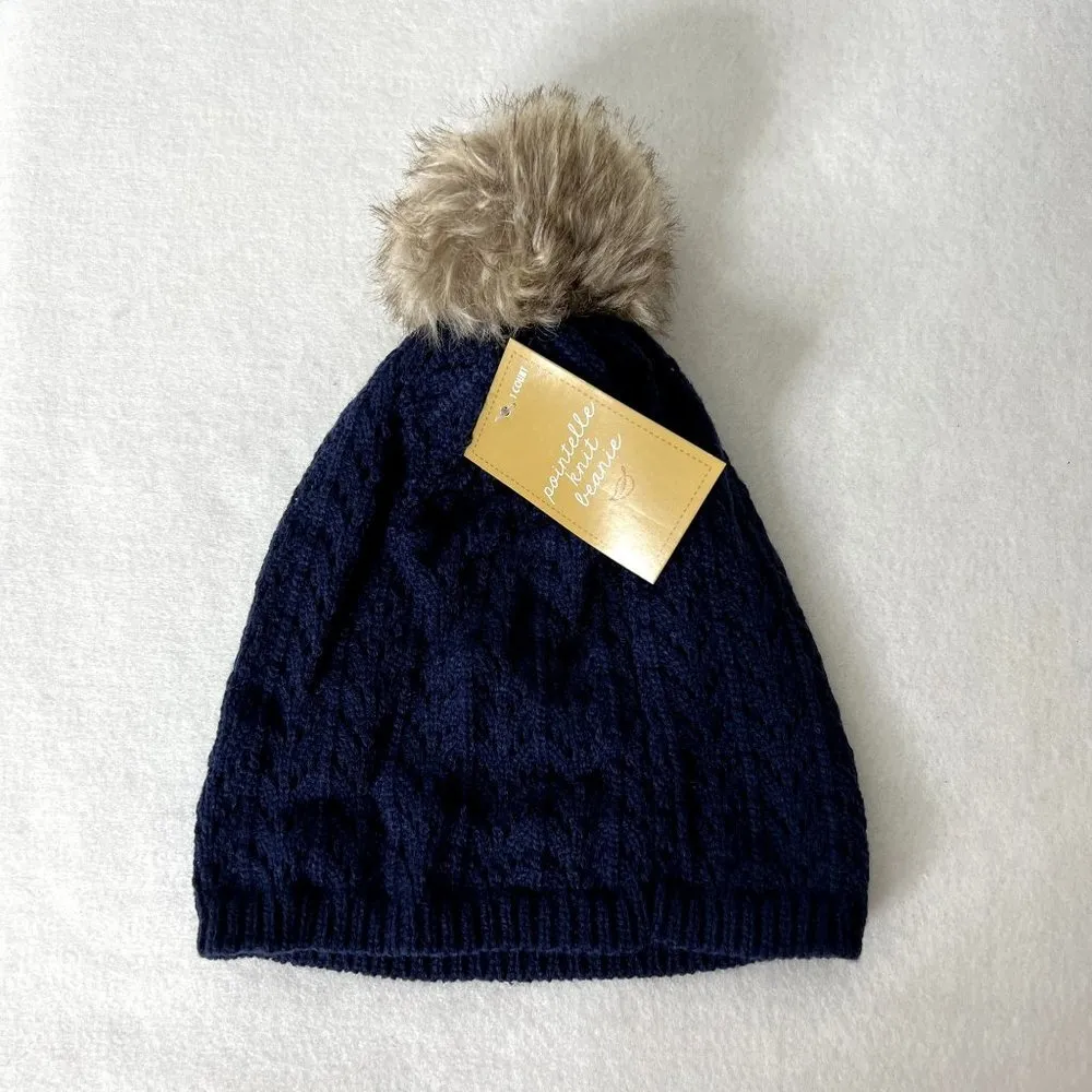 Navy Pointelle Knit Pom Pom Beanie Winter Hat - Image 3