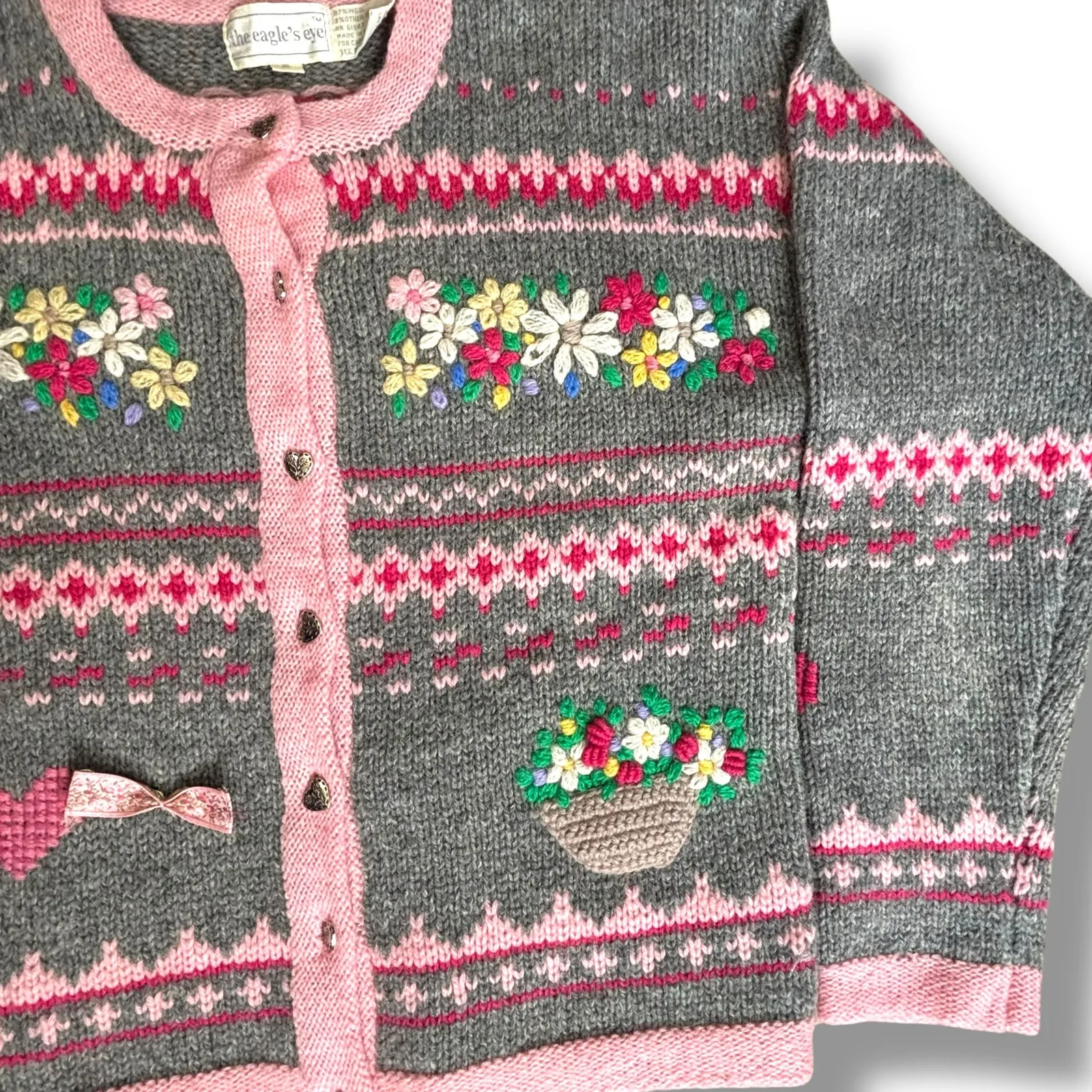 Vintage Eagles Eye Wool Knit Cardigan Pink Gray Floral Heart Bow Small Grandma - Image 8