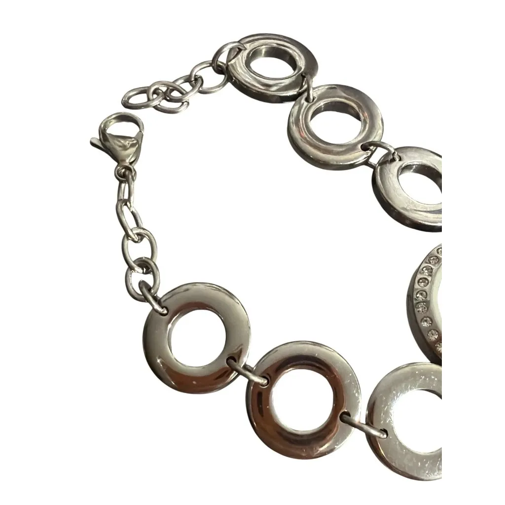 Silver Tone Circle Link Bracelet Rhinestone Crown Charm Pendant Cross Crown Adj - Image 3