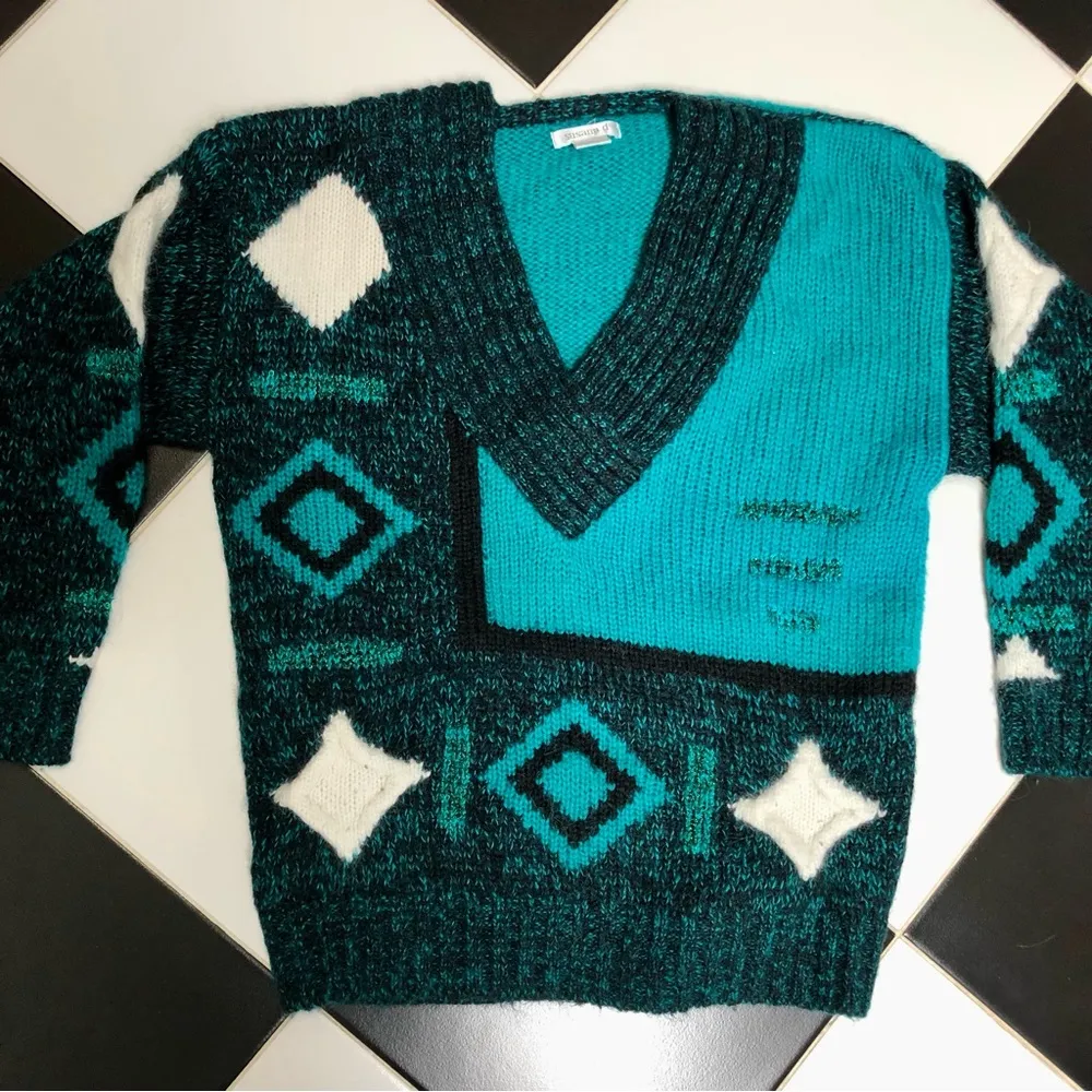 Vintage 80s 90s Susann D V Neck Sweater Blue Green Teal Abstract Geometric Knit Multiple Size M - Image 2