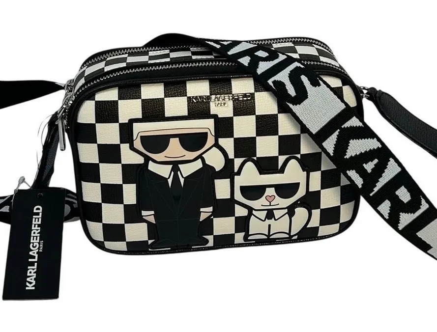 Karl Lagerfeld Paris Checkerboard Crossbody Bag Karl and Choupette Black - Image 1