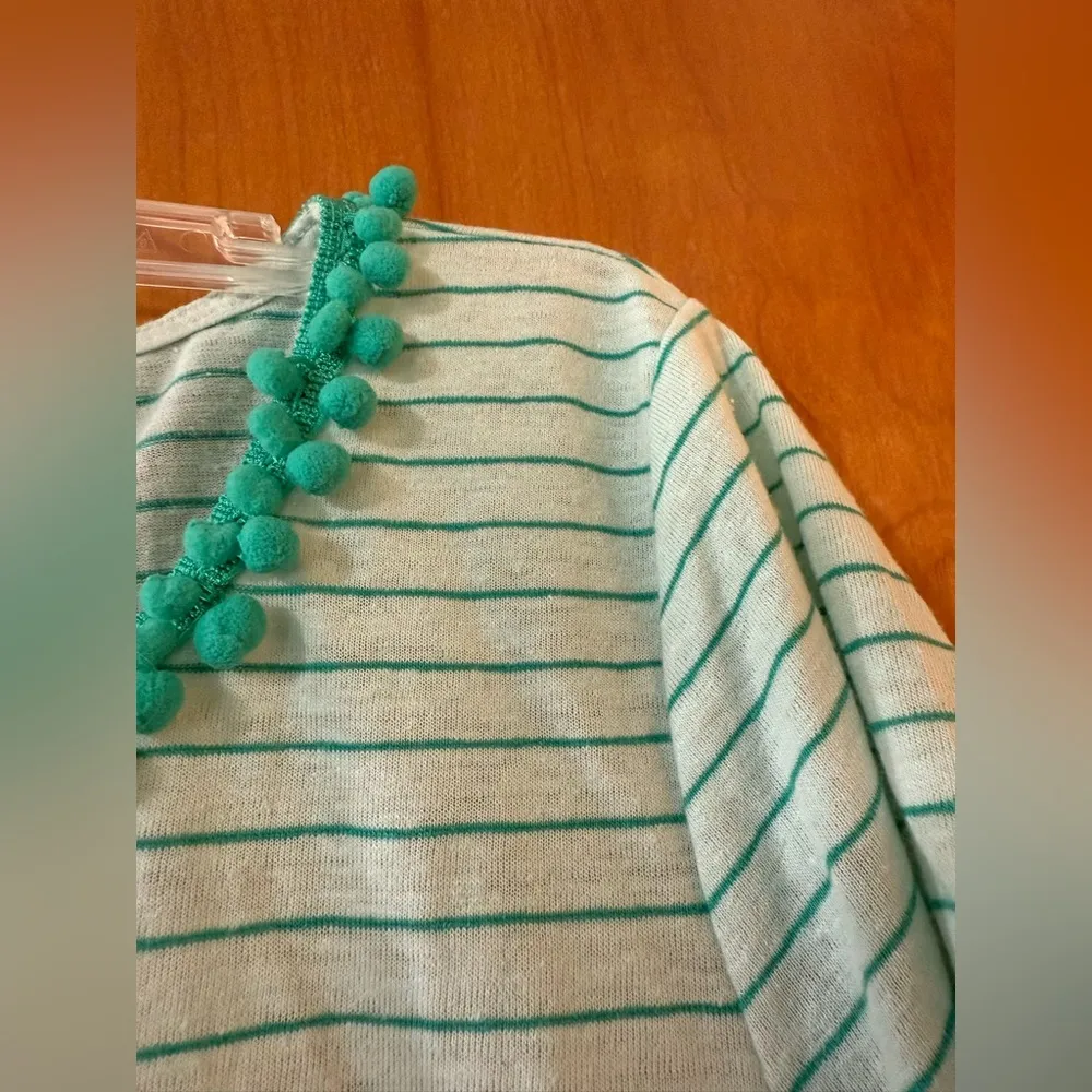 Talbots Top Seafoam Green Striped Pom Pom Trim Linen Blend Tee T-Shirt NWT XL - Image 5