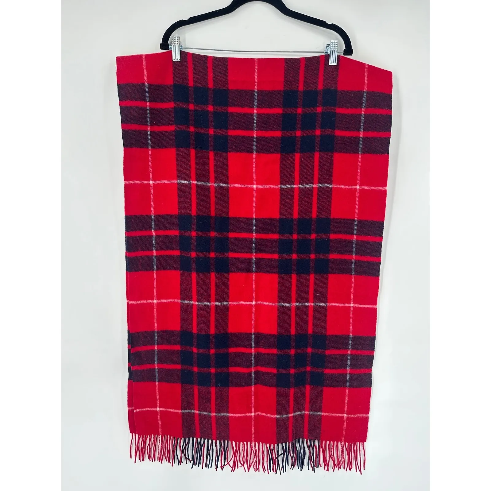 J. Crew Plaid 100% Wool Red Navy Fringe Women's blanket Scarf Red Tartan Stewart - Image 3