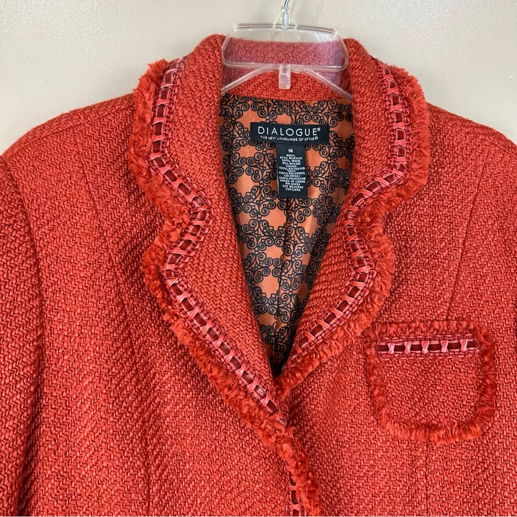 Dialogue Burnt Orange Wool Blend Tweed Fringe Trim Blazer Jacket 14 - Image 2