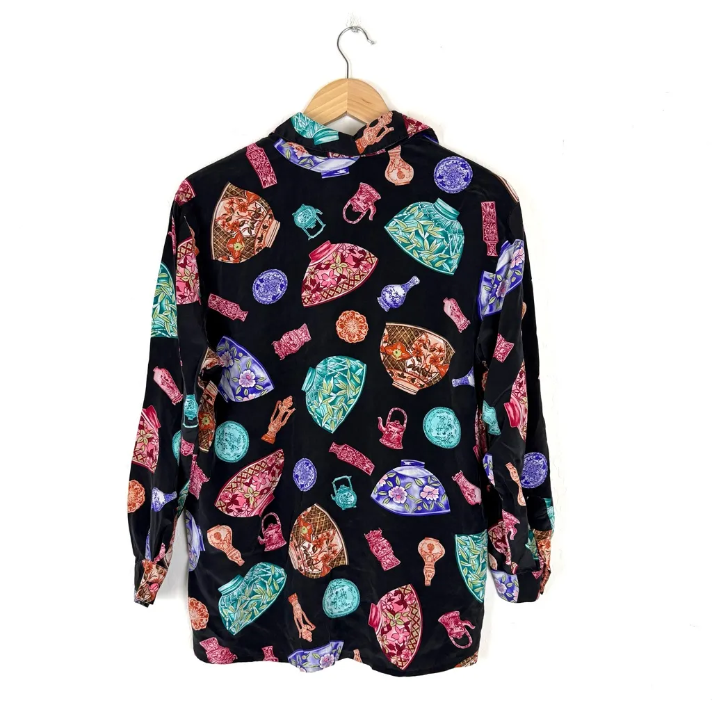 Vtg Diane Von Furstenberg Bold Colorful 100% Silk Button Down Blouse Shirt - Image 7