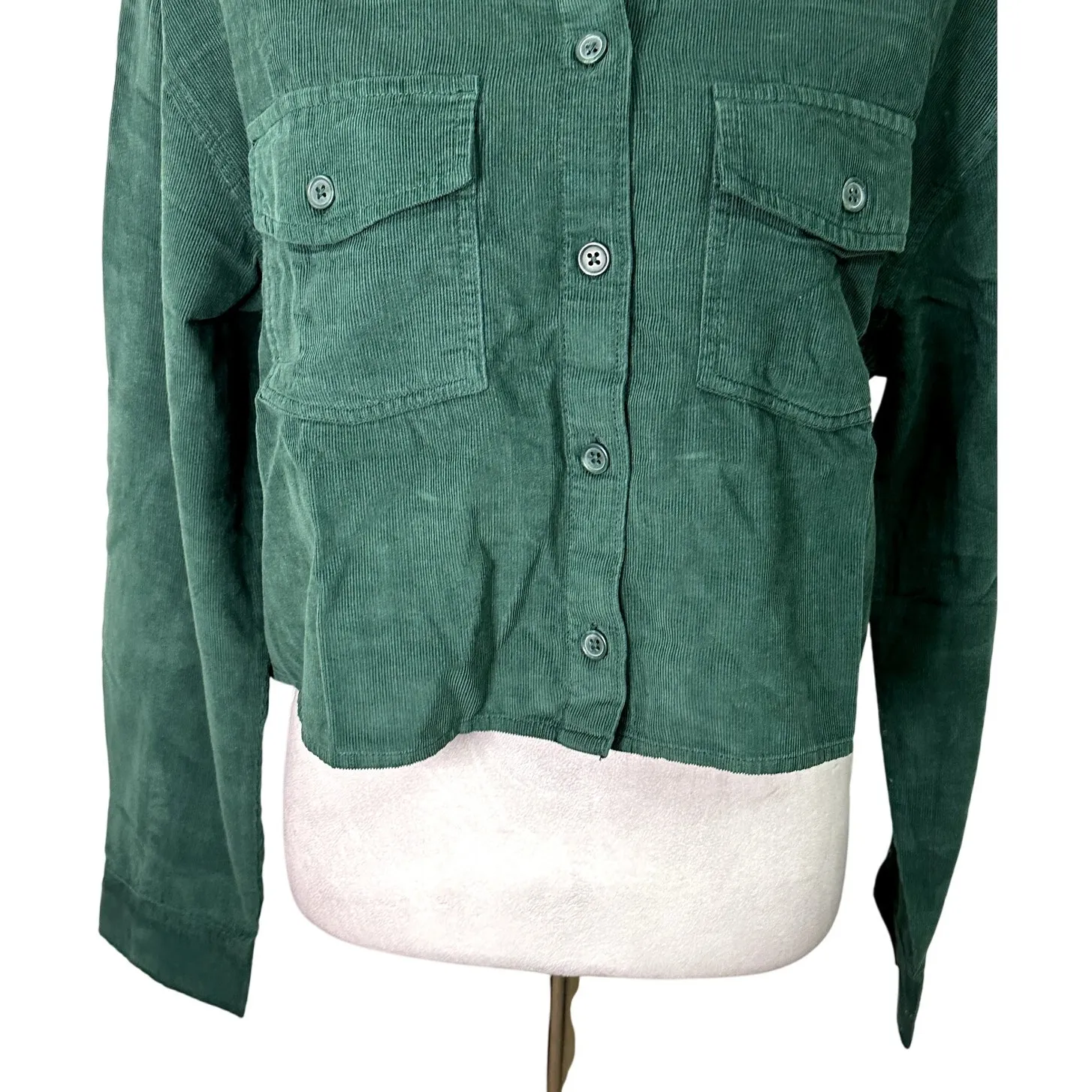 BP Crop Shirt Jacket Collar Button-Up Chest Pockets Corduroy Green Women's M NWT - Image 4