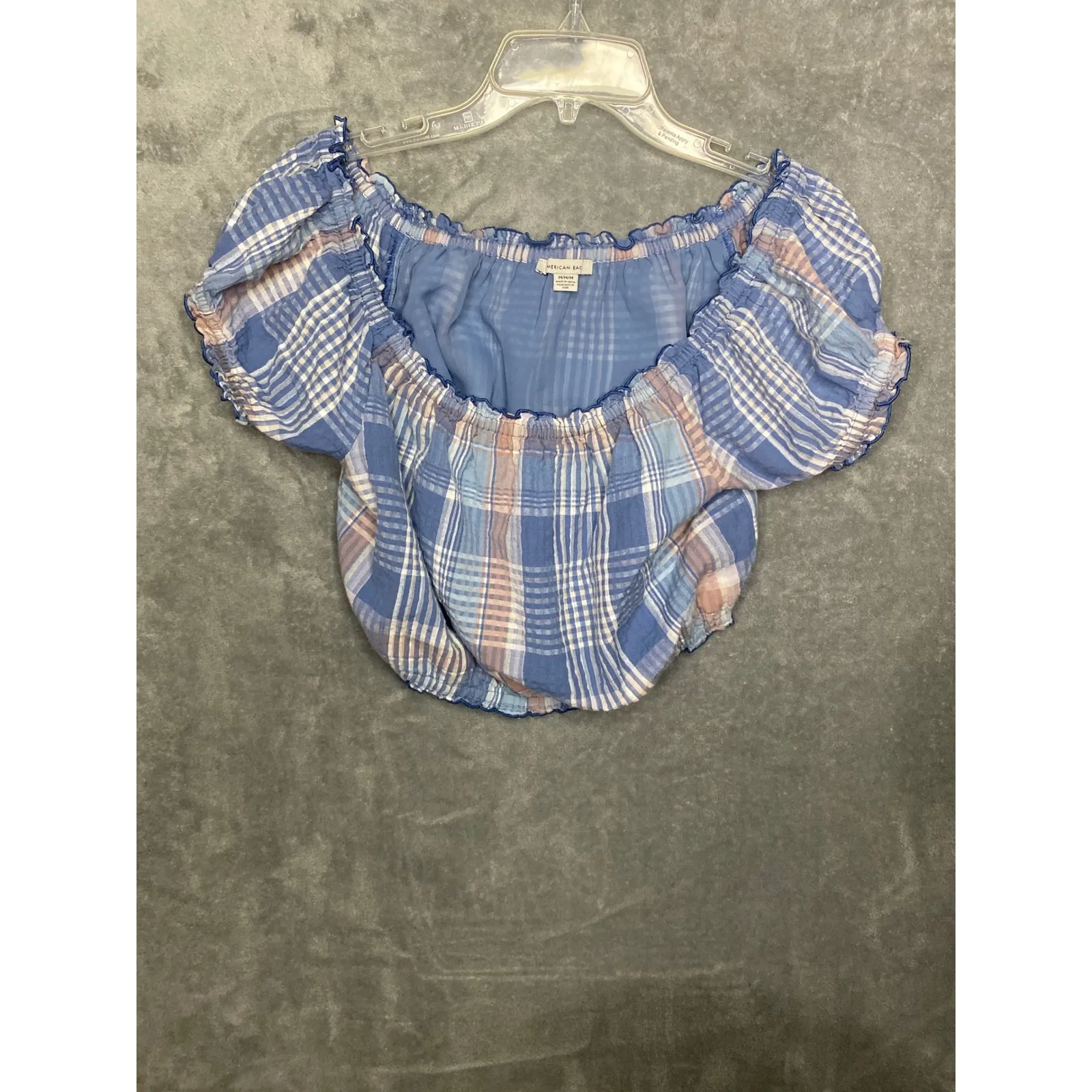 American Eagle Outfitters Plaid Off The Shoulder Crop Top Puff Sleeve Blue M - Image 4