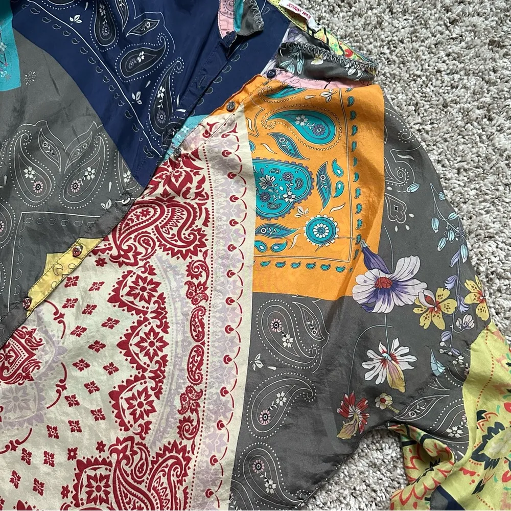 Johnny Was Adelaide 100% Silk Patchwork Long Sleeve Button Down Blouse Small - Image 4