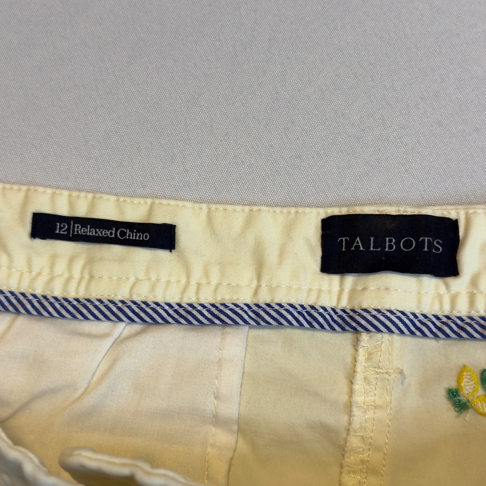 Talbots Women's Relaxed Chino Khaki Pants Sz 12 Cream Lemon Embroidered Casual # - Image 6