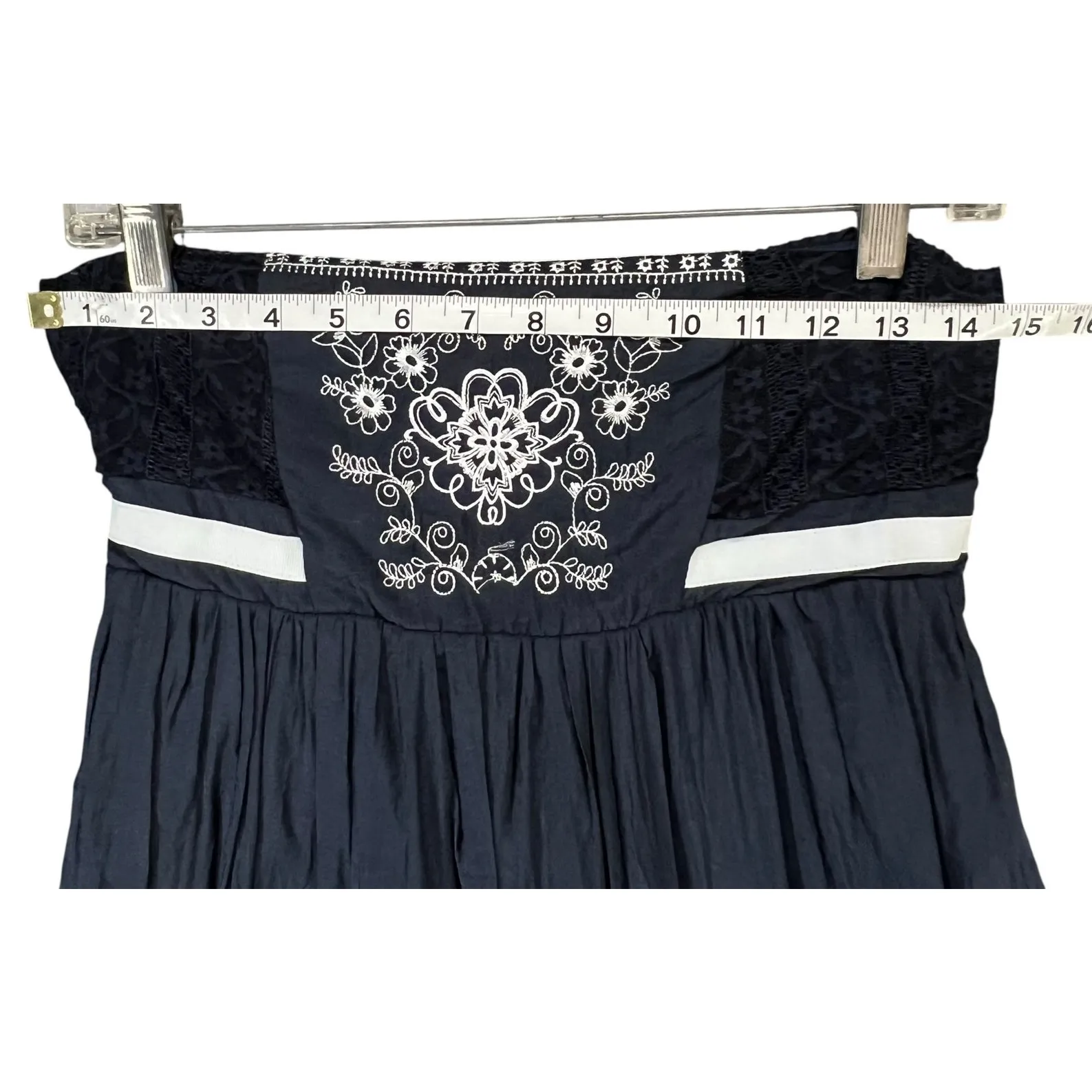 Agaci Mini Dress L Blue Strapless Lace Mesh Embroidered Smocked Y2K Boho Chic - Image 8