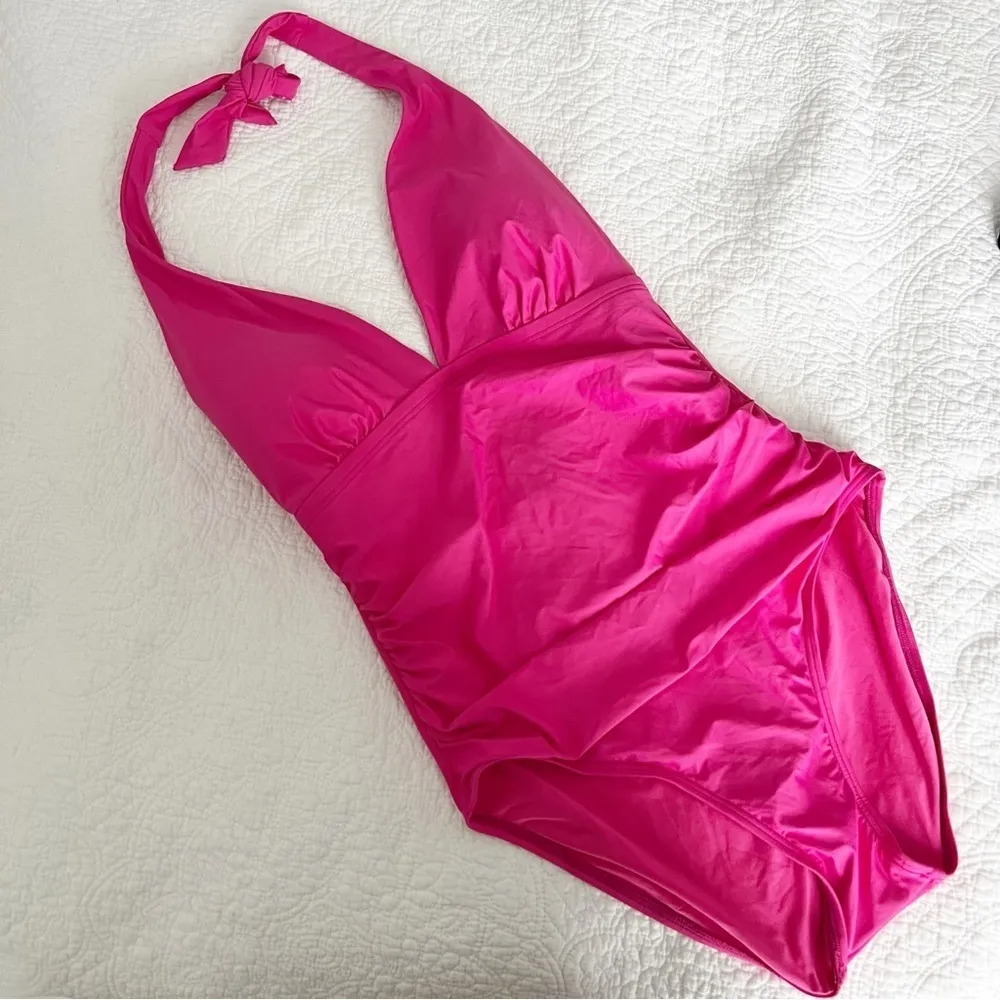 NWT Tommy Hilfiger HOT PINK Solid Halter One-Piece Swimsuit US 14 - Image 2