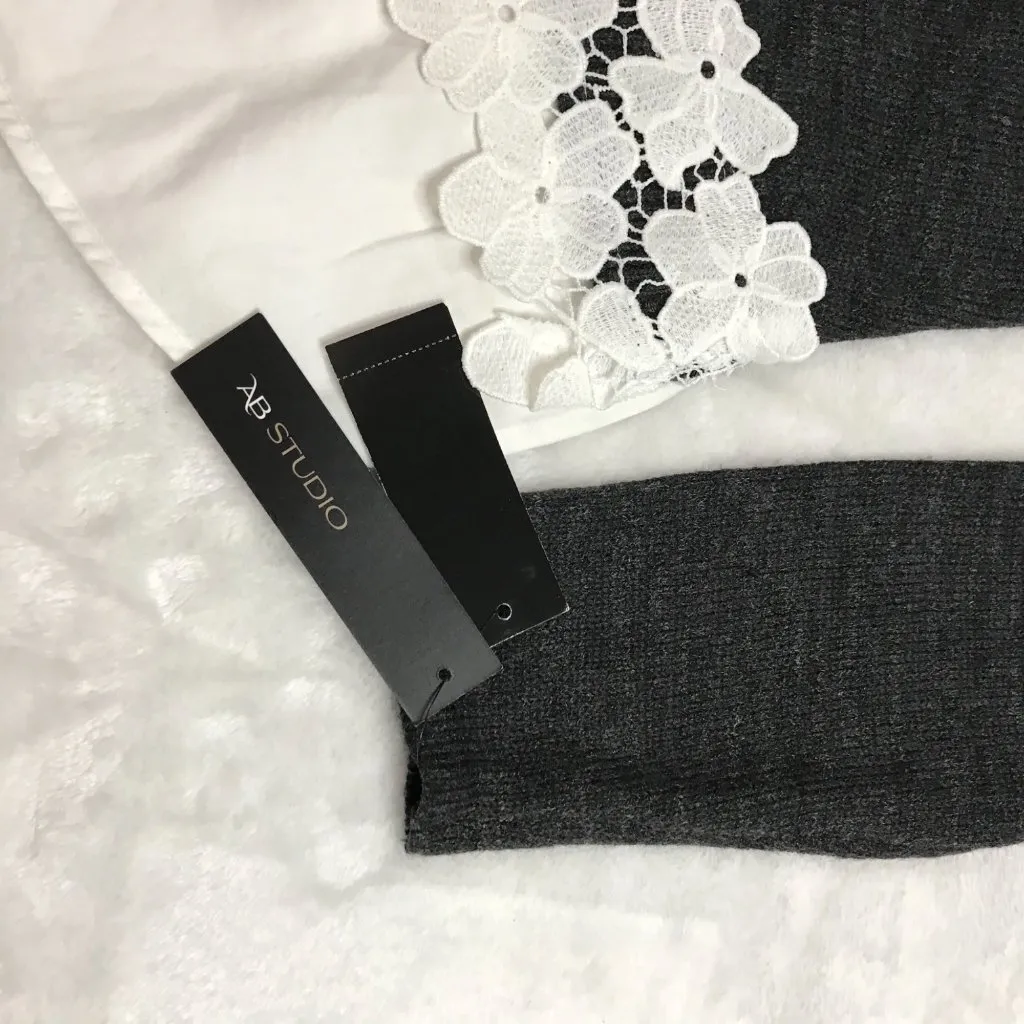 AB Studio Cotton Blend Faux Layered Long Sleeve Sweater Charcoal Gray Medium - Image 6