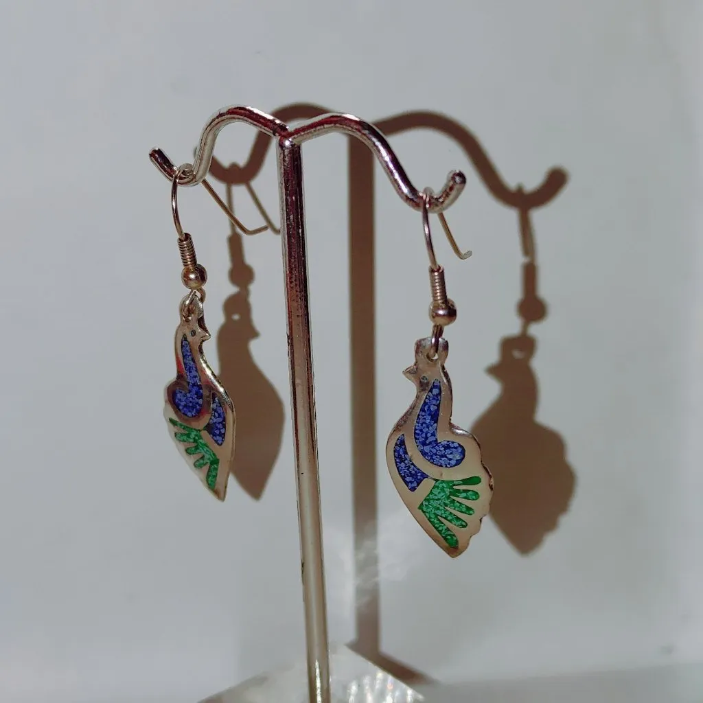 Vintage Alpaca Silver Earrings Colorful Blue Green Enamel Dangle Hook Unique - Image 6
