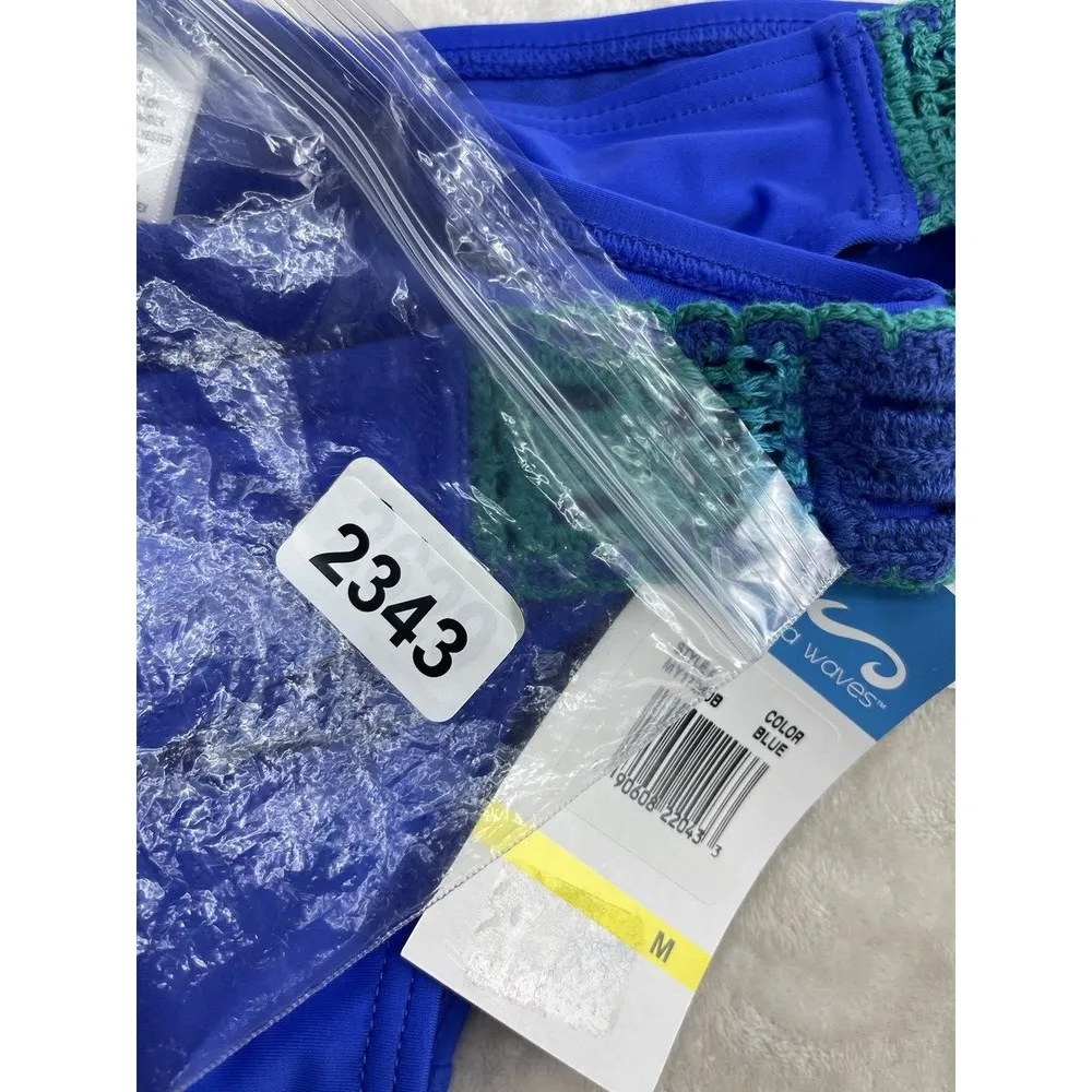 California Waves Women's Bikini Bottom Blue Size Medium Green Crochet Trim - Image 7