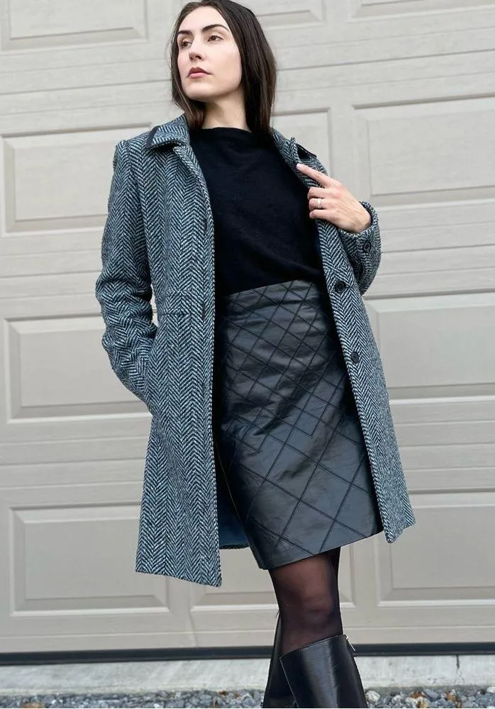 Coach Classic Houndstooth Leather Trim Wool Winter Pea Coat Medium - Image 4