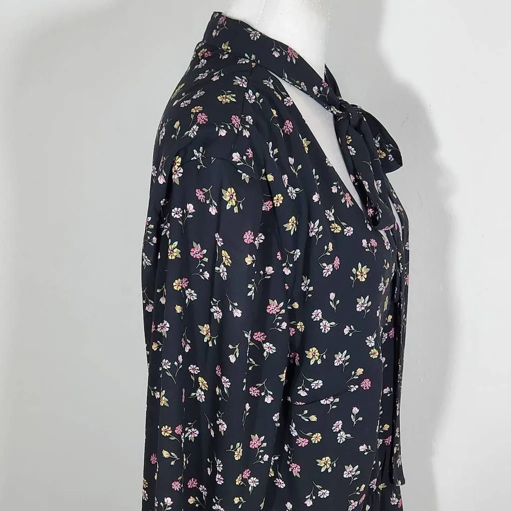 H&M Divided Black Floral Mini Dress with Neck Tie Size 14 Wedding Guest Dress - Image 4