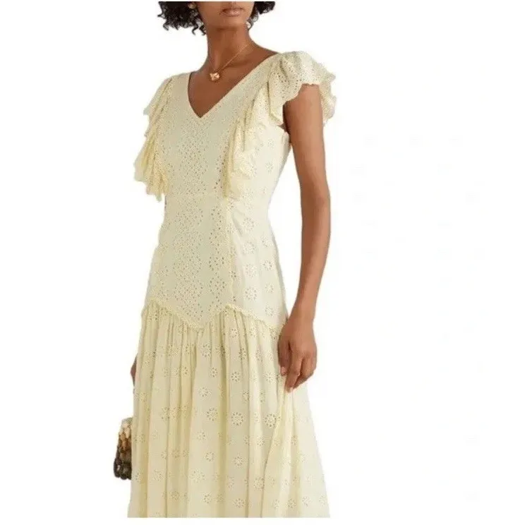 NWT LoveShackFancy Cressida Eyelet Maxi Dress in Pisco Yellow Buttercream MEDIUM - Image 3