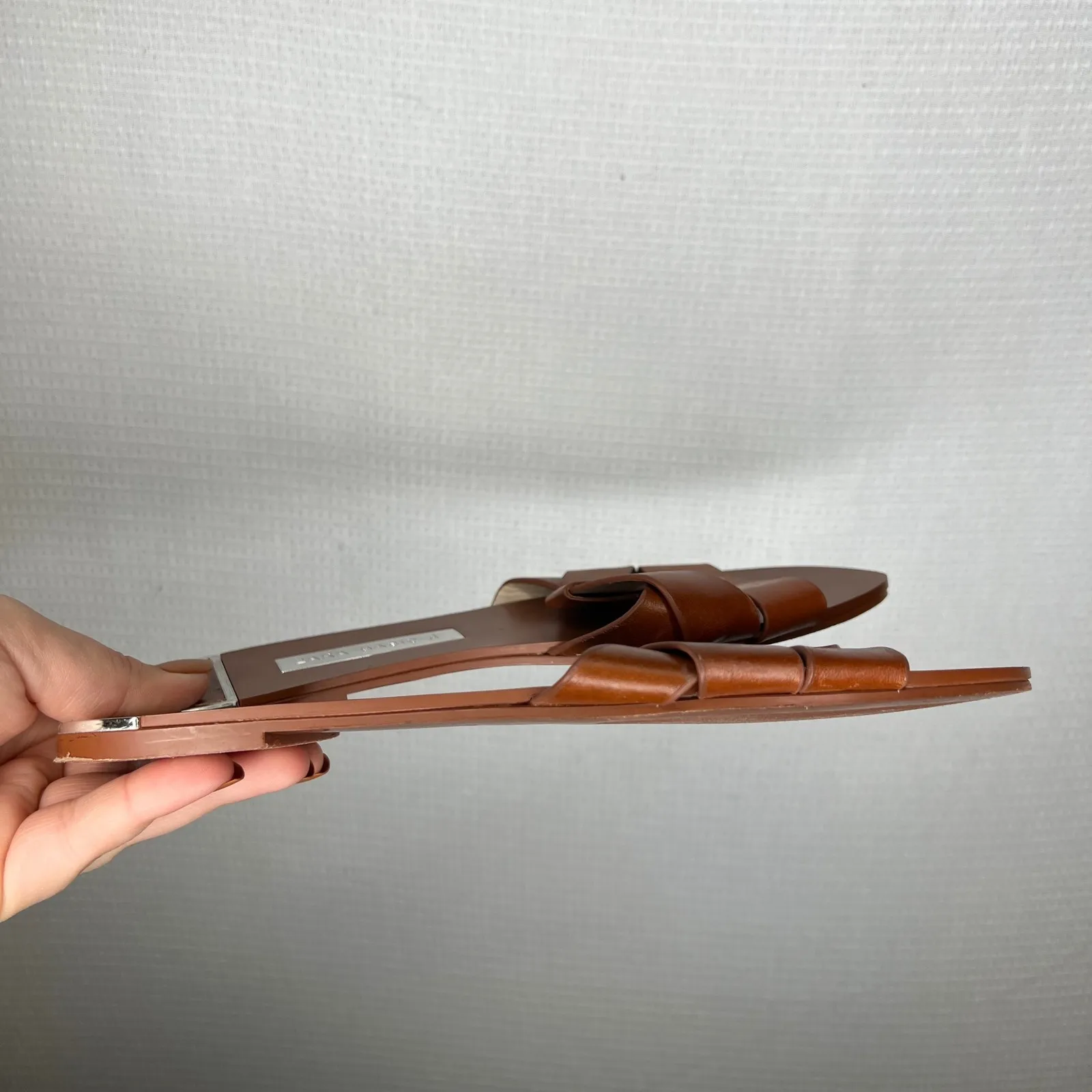 ZARA‎ BASIC Brown Leather Braided Flat Slide Sandals EU 38 US 7.5 Women - Image 3