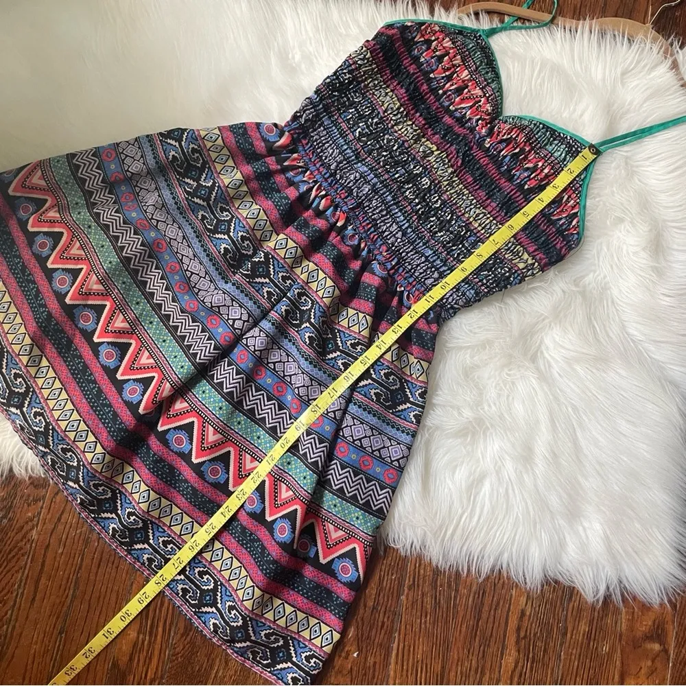 Y2K Colorful Tribal Mini Dress Smocking Bodice Size Medium - Image 5