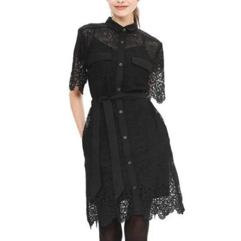 Banana Republic Heritage Belted Lace Shirt Dress Women Size 2 Black Crochet Hem - Image 2