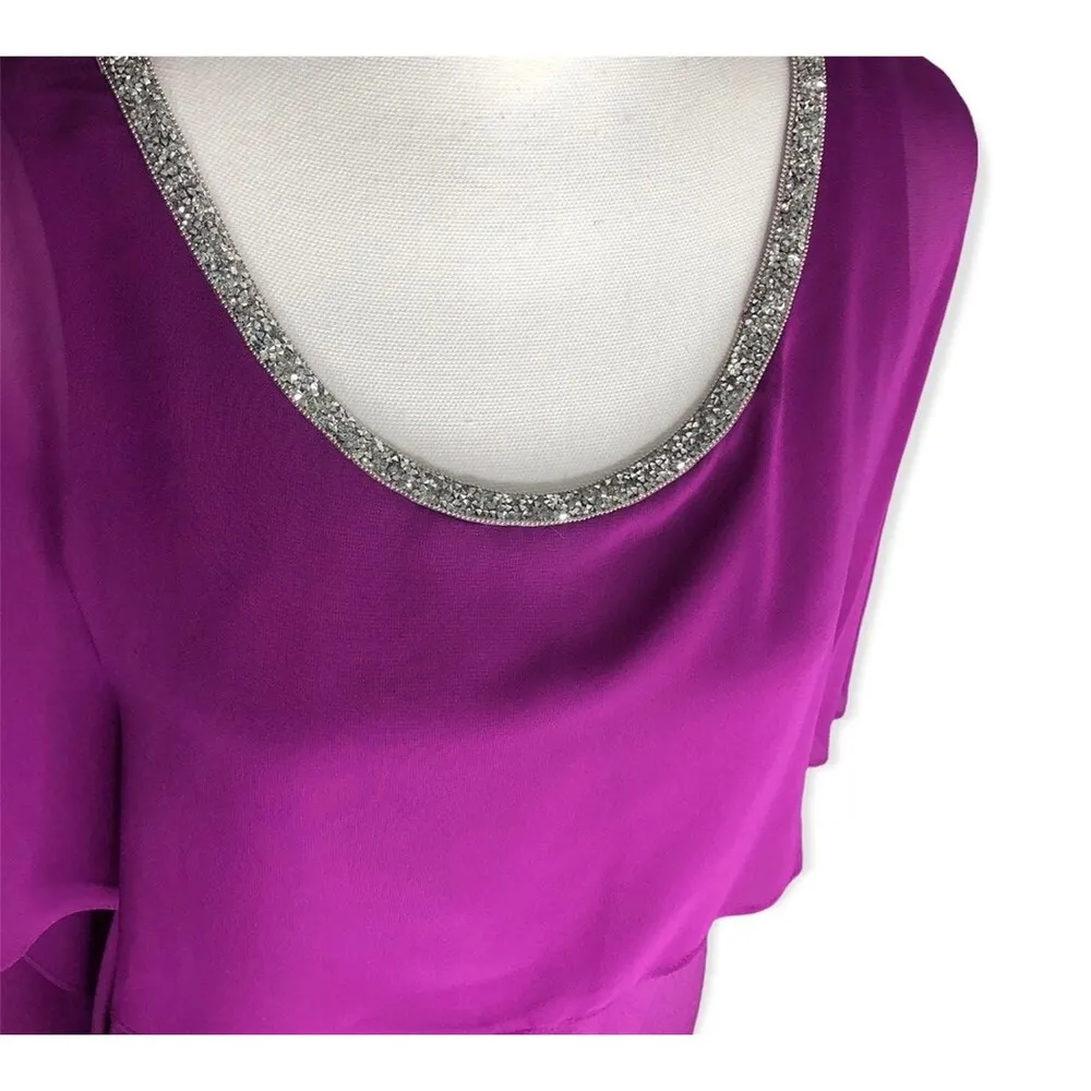 Glamour Nights Purple Sheer Overlay Cape Jewel Neck Formal Dress Size 6 - Image 5