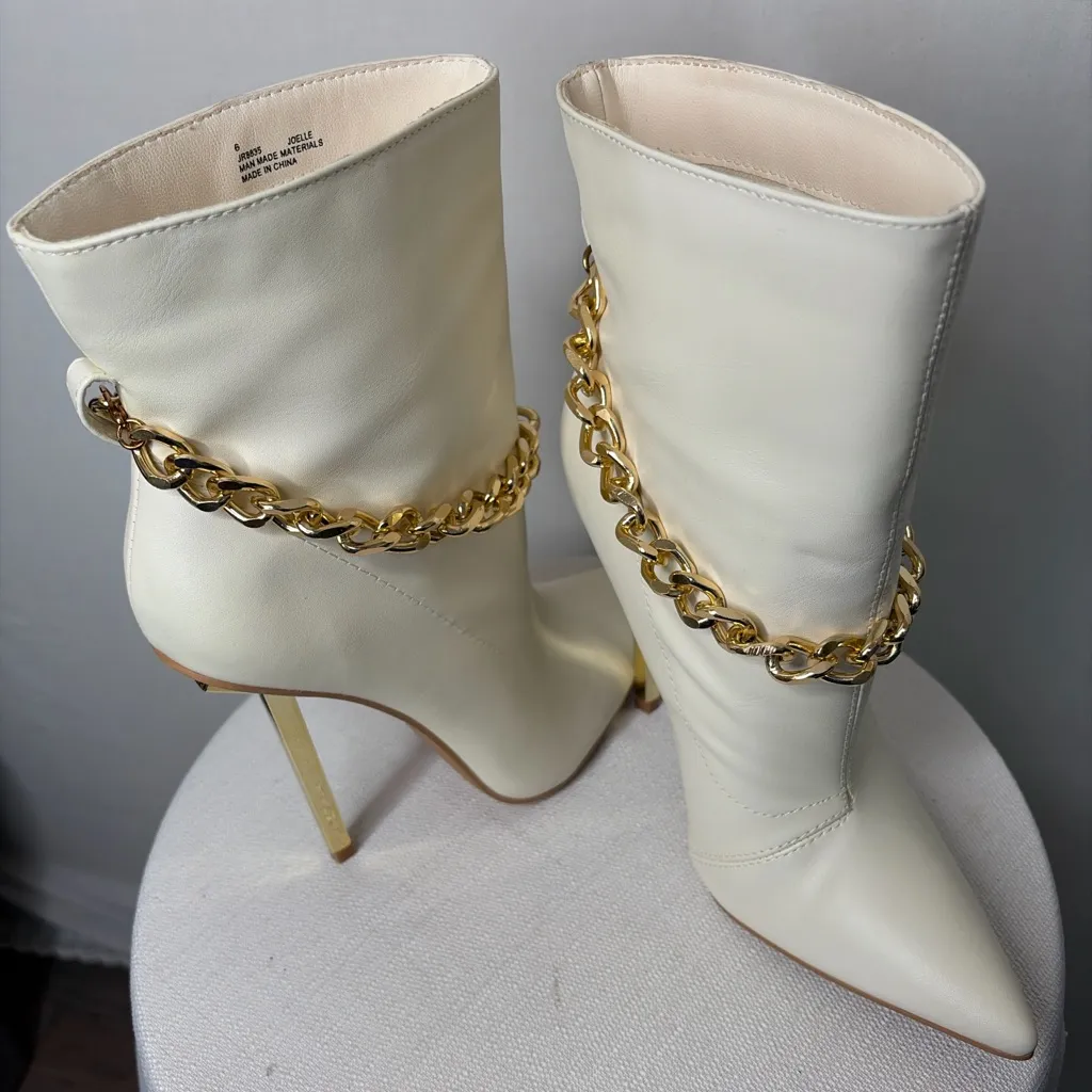 Cape Robbin Joelle White Ankle Boots Gold Chain Pointed Toe Heels Size6(B79) - Image 7