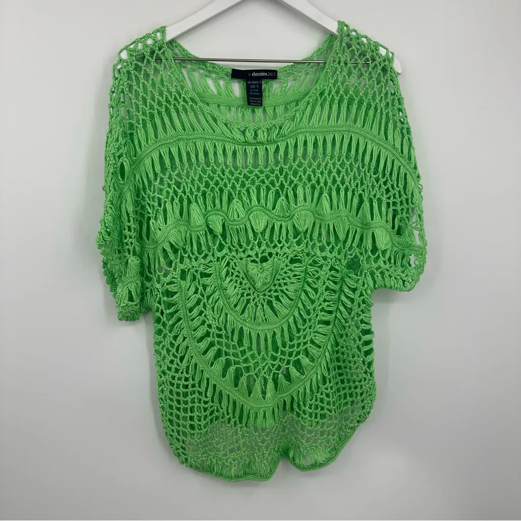 Denim 24/7 Green Sweater Crochet Shirt Size Small Boho Whimsical Fairycore Y2K - Image 2