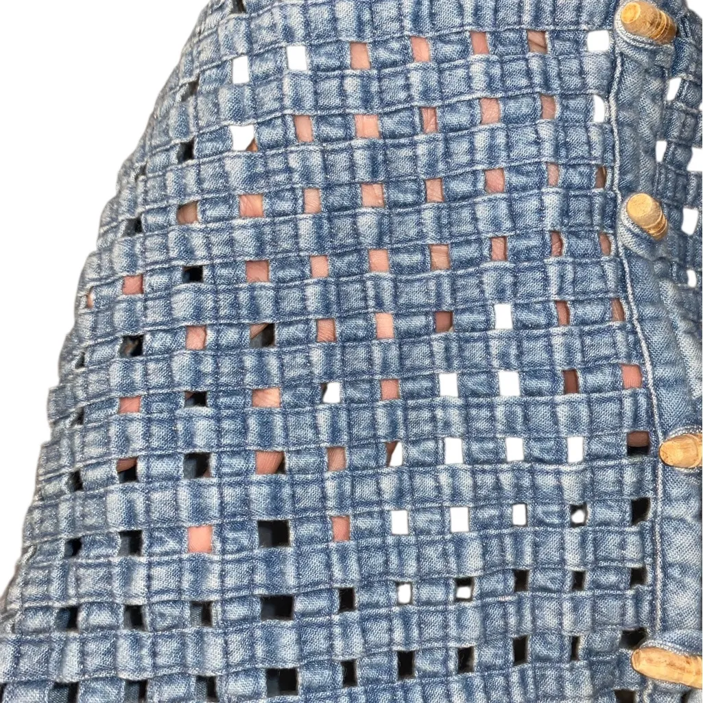 Vintage Blue Woven Denim Jean Vest Toggle Wood Button Closure Boho Western Fall - Image 8