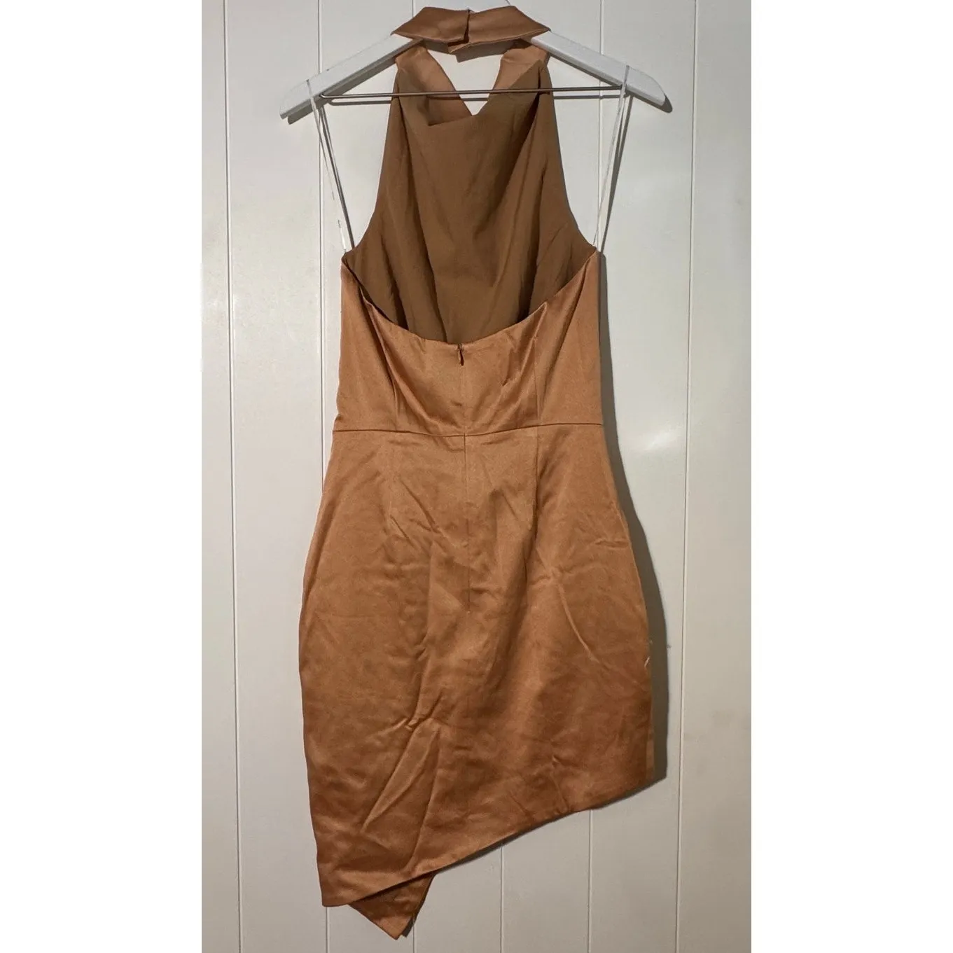 Elliatt New Camo Champagne Satin Mockneck Draped Dress Tulip Hem - Image 4