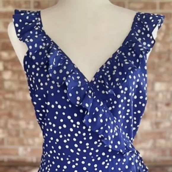 Lucy Paris Claudia Dress Royal Blue Polka Dot Wrap Flutter Strap XS - Image 5