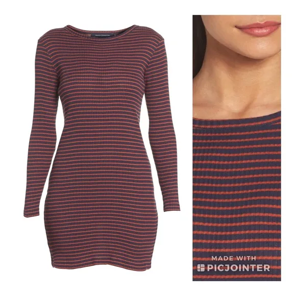 French Connection Tim Tim Rib Stripe Dress S Bodycon Navy Blue Red Long Sleeve - Image 2