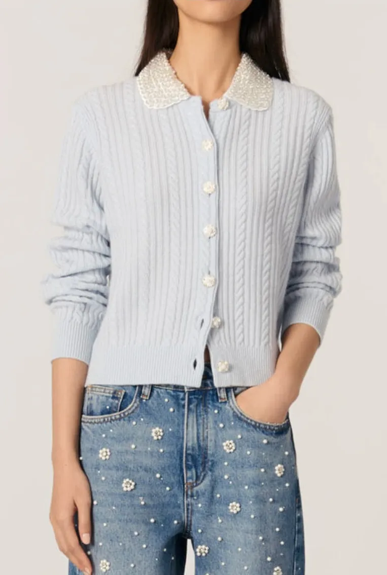 Maje Sz 3 US L Wool Cashmere Baby Blue Cable Knit Button Up Cardigan Sweater - Image 1