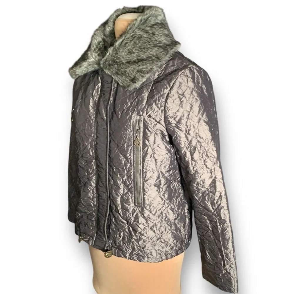 Madison Hill Metallic Quilted Zip Front Jacket Removable Faux Fur Collar Size XL Brown - Image 5