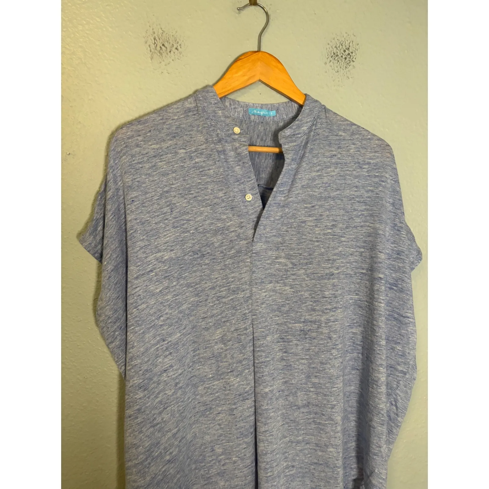 J McLaughlin Blue Heathered Split Neck Short Sleeve Tunic Top Size Small Linen - Image 3