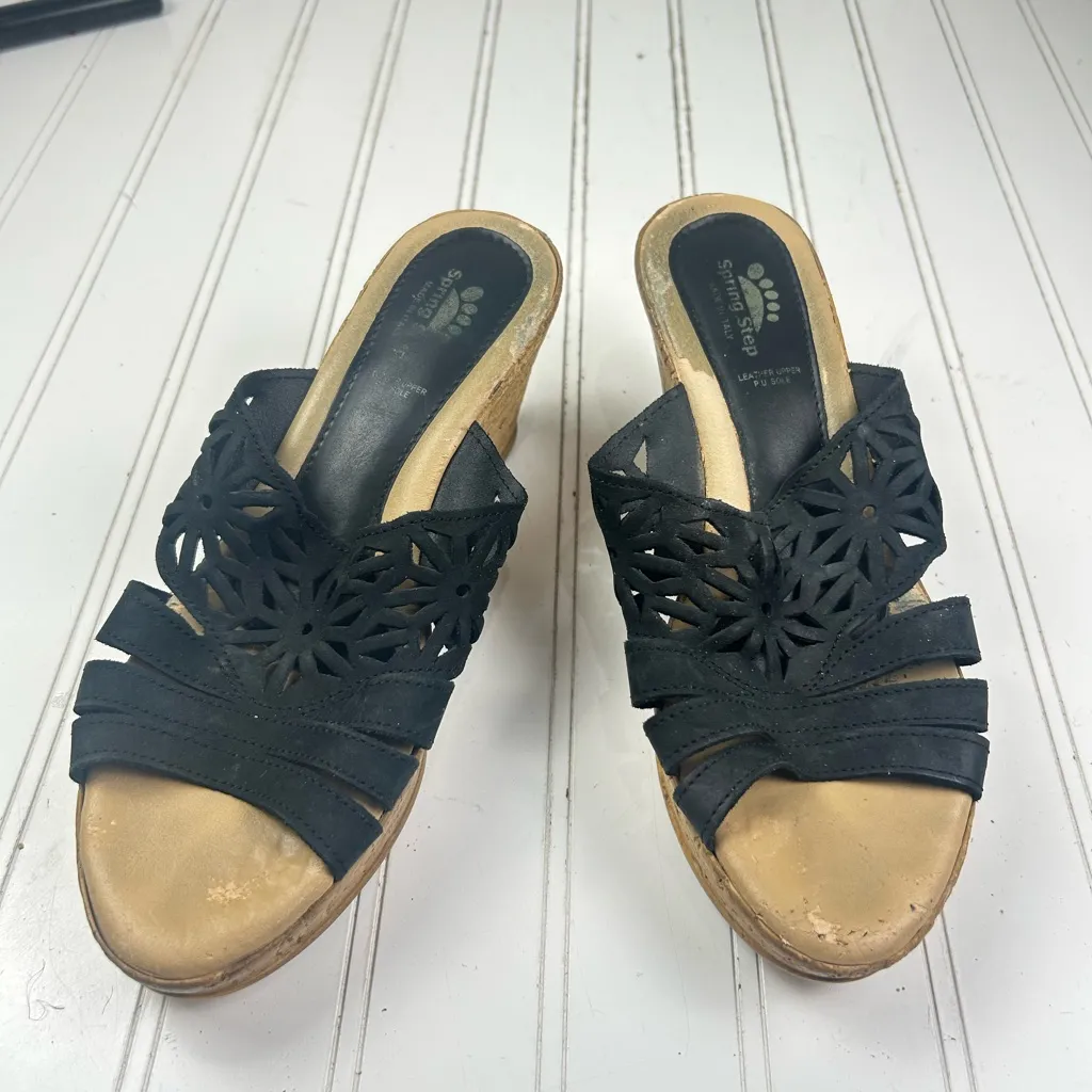 Spring Step Dora Black Leather Cork Wedge Platform Sandals Women’s Size EU 39 8 - Image 13
