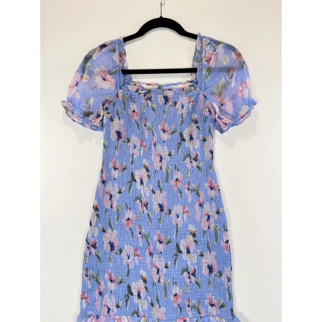 Abercrombie Fitch Dress Purple Smocked Midi Bodycon Floral Ruffle Coquette Small - Image 7