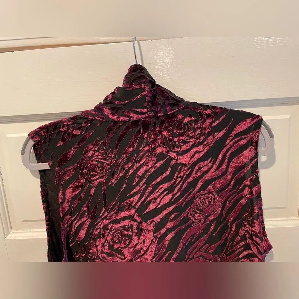 Express Cowl Neck Sleeveless Faux Velvet‎ Floral Tank Blouse Merlot Red Size XL - Image 4