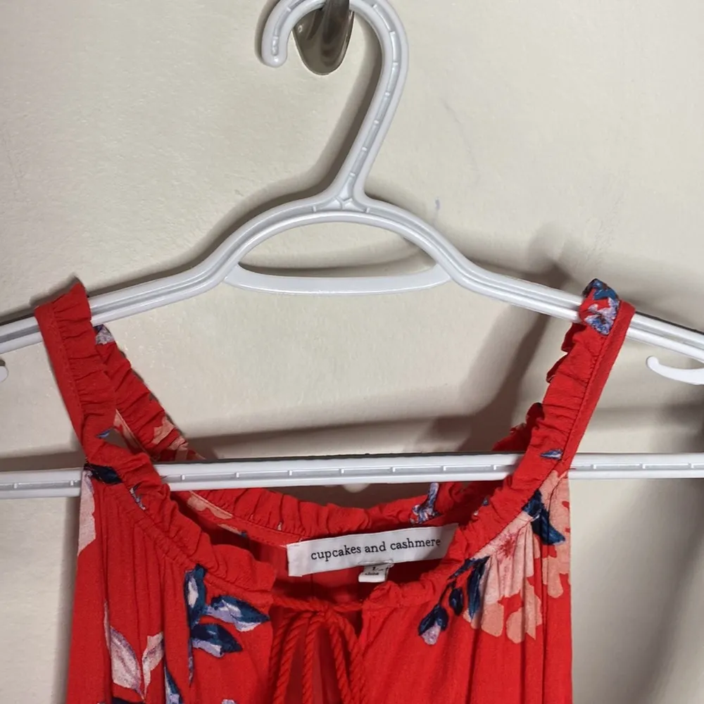 Cupcake and Cashmere crepe coral red floral ruffled tassel tie sun dress size L - Image 94