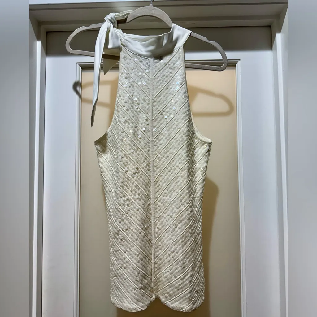 White House Black Market Sequin Halter Top Cream Size S - Image 4